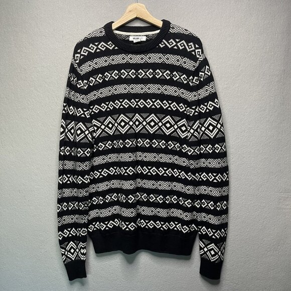 William Rast Mens Geometric Knit Sweater L Cotton Black White - Picture 1 of 5